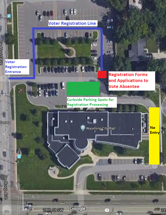 Shows map for curbside same-day registration to enter at the south entrance on Dehoop, to enter the voter registration line. Shows map for curbside same-day registration to enter at the south entrance on Dehoop, to enter the voter registration line.
